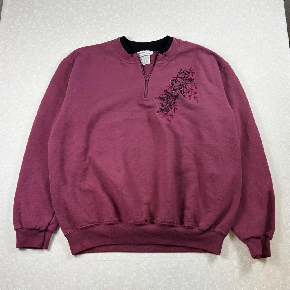 Vintage Mauve Floral Quarter-Zip Grandma Sweatshirt — Size L 🌸